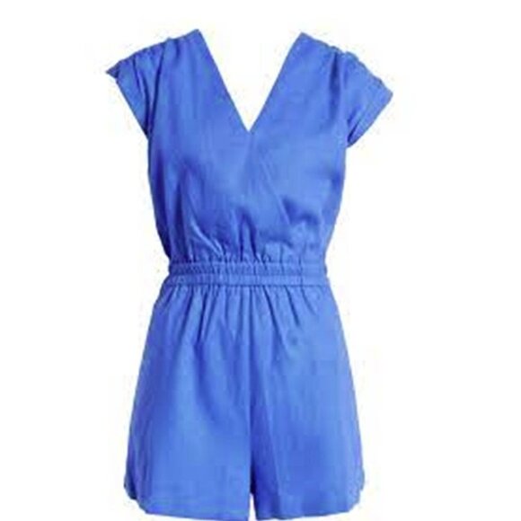 🔥Open Edit V Neck Linen Blend Blue Amparo Romper - Picture 8 of 8